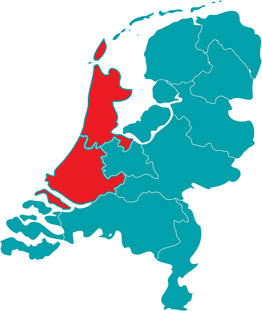 Map of The Netherlands, with the regions called Holland designated in another color